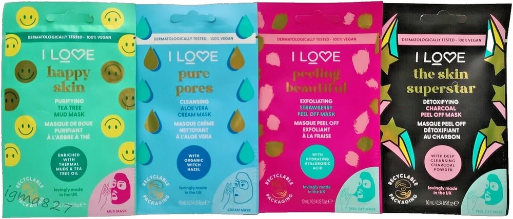 I Love „Time & Chill“ rinkinys, kurį dievinu: „Beautiful Peeling“ šveičiamoji lakštinė veido kaukė, 10 ml + „Skin Superstar“ detoksikuojanti lakštinė veido kaukė, 10 ml + „Happy Skin“ valomoji lakštinė veido kaukė, 10 ml + „Pure Pores“ valomoji lakštinė veido kaukė, 10 ml