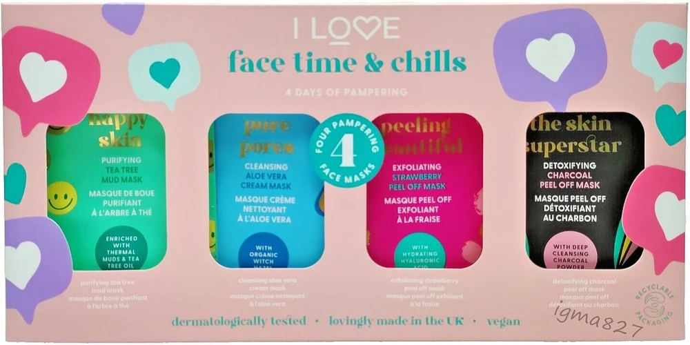 I Love „Time & Chill“ rinkinys, kurį dievinu: „Beautiful Peeling“ šveičiamoji lakštinė veido kaukė, 10 ml + „Skin Superstar“ detoksikuojanti lakštinė veido kaukė, 10 ml + „Happy Skin“ valomoji lakštinė veido kaukė, 10 ml + „Pure Pores“ valomoji lakštinė veido kaukė, 10 ml