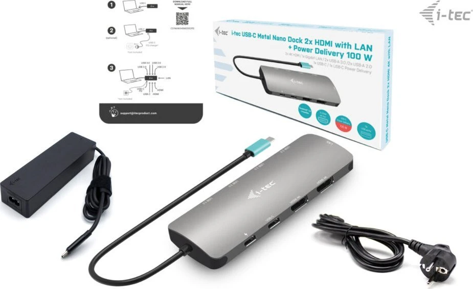 I-TEC USB-C metalinis nano dokas 2 x HDMI 1 x GLAN 2 x USB 3.2 2 x USB 2.0 1 x USB-C 3.2 Gen.1 duomenys 1 x USB-C 100 W PD + 100 W įkroviklis