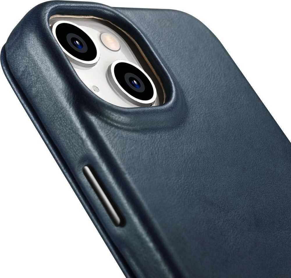iCarer CE Oil Wax Premium Leather Apple iPhone 14 Plus magnetic atverčiamas MagSafe dėklas telefonui mėlynos spalvos (AKI14220707-BU)