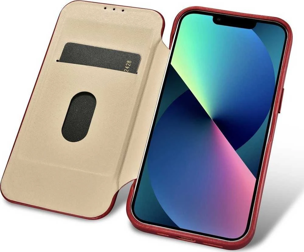 iCarer CE Oil Wax Premium Leather Apple iPhone 14 Plus Magnetic atverčiamas Leather MagSafe dėklas telefonui raudonos spalvos (AKI14220707-RD)
