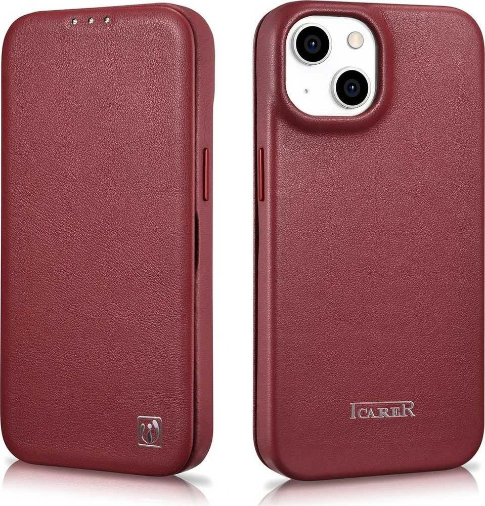 iCarer CE Premium Leather Apple iPhone 14 Plus Magnetic atverčiamas Leather MagSafe dėklas telefonui raudonos spalvos (WMI14220715-RD)
