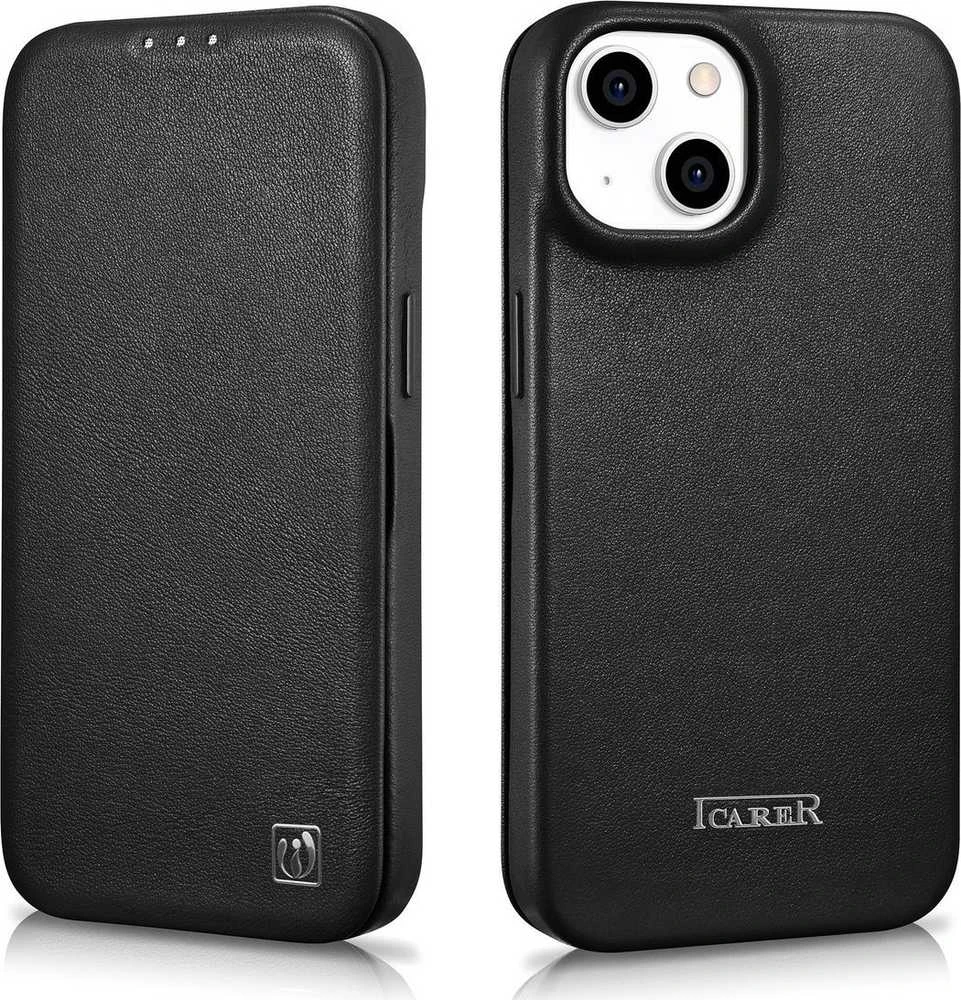 iCarer CE Premium Leather Apple iPhone 14 Plus Magnetic atverčiamas Leather MagSafe dėklas telefonui juodos spalvos (WMI14220715-BK)