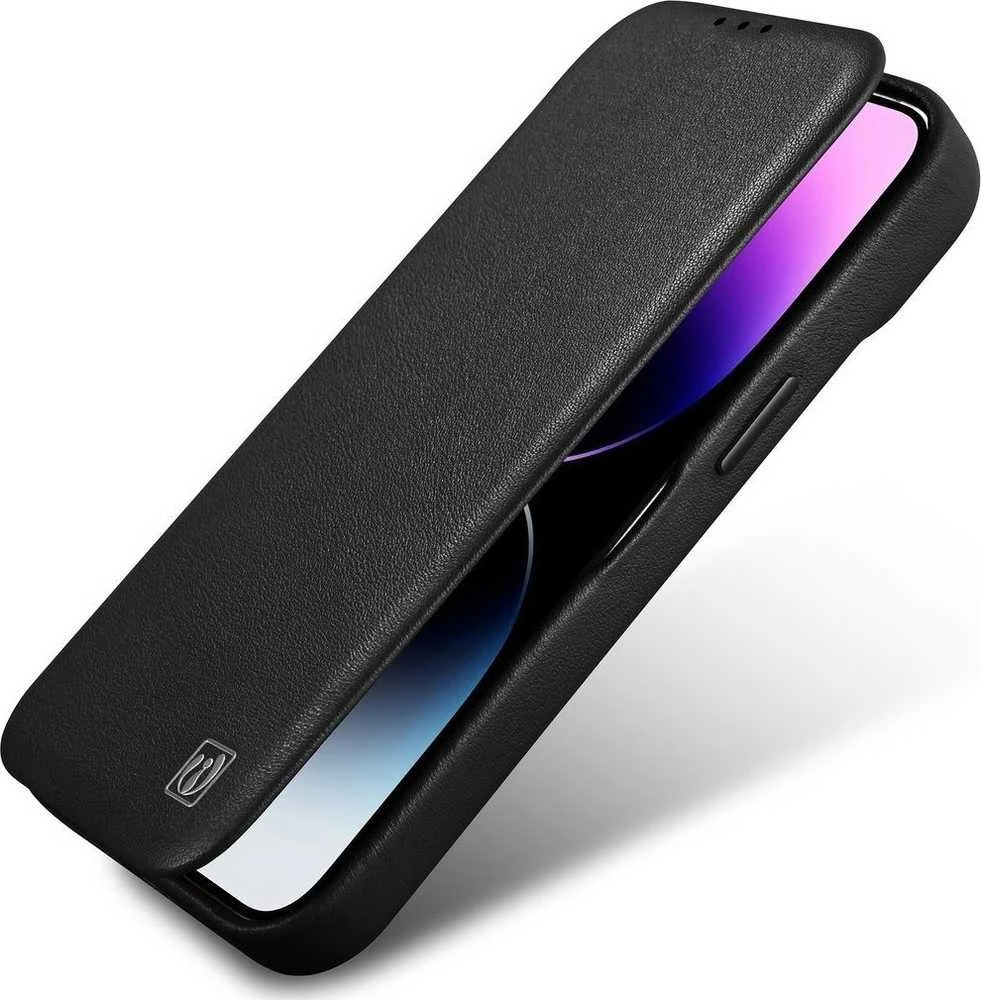 iCarer CE Premium Leather Apple iPhone 14 Plus Magnetic atverčiamas Leather MagSafe dėklas telefonui juodos spalvos (WMI14220715-BK)
