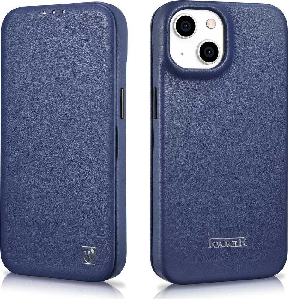 iCarer CE Premium Leather Apple iPhone 14 Plus Magnetic atverčiamas Leather MagSafe dėklas telefonui mėlynos spalvos (WMI14220715-BU)