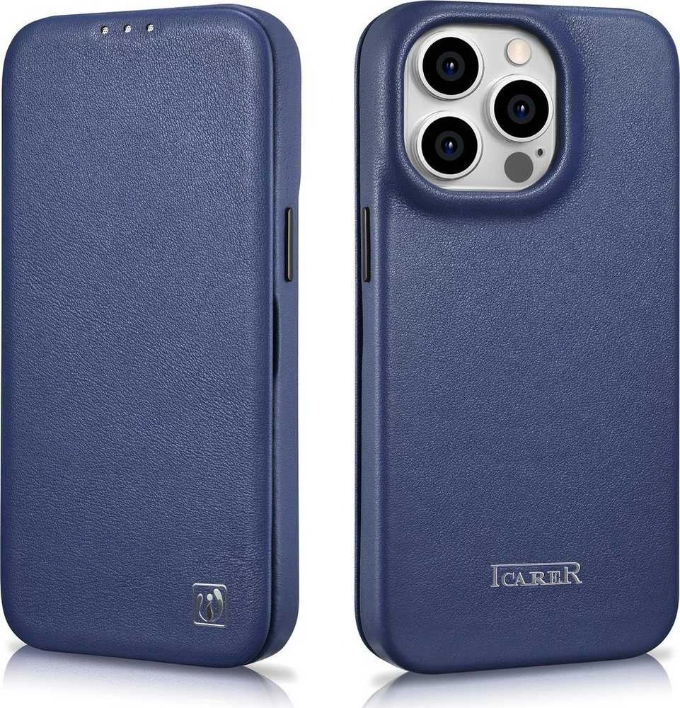 iCarer CE Premium Leather Apple iPhone 14 Pro Magnetic atverčiamas Leather MagSafe dėklas telefonui mėlynos spalvos (WMI14220714-BU)