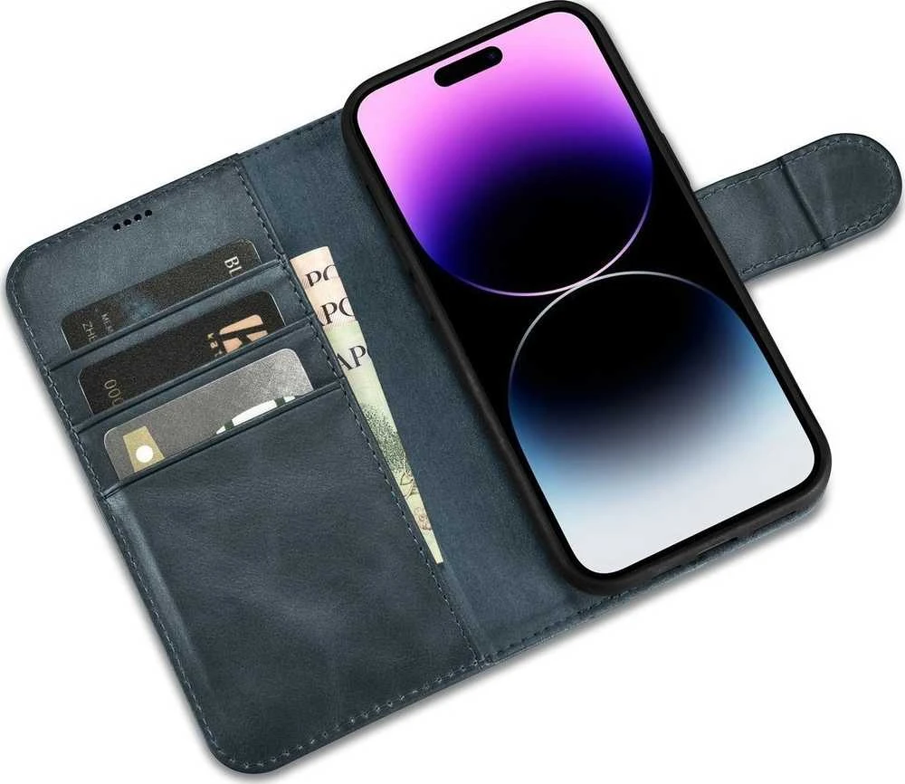 iCarer Oil Wax Wallet 2in1 Apple iPhone 14 Pro Anti-RFID Leather atverčiamas dėklas telefonui mėlynos spalvos (WMI14220722-BU)