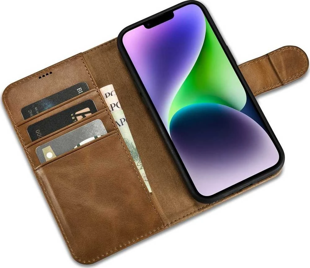 iCarer Oil Wax Wallet 2in1 Apple iPhone 14 Plus Anti-RFID Leather atverčiamas dėklas telefonui rudos spalvos (WMI14220723-TN)