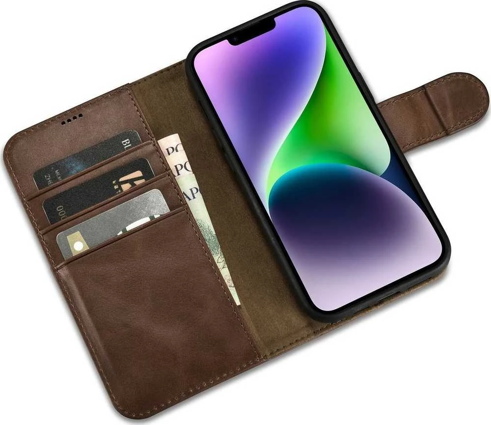 iCarer Oil Wax Wallet 2in1 Apple iPhone 14 Plus Anti-RFID Leather atverčiamas dėklas telefonui rudos spalvos (WMI14220723-BN)