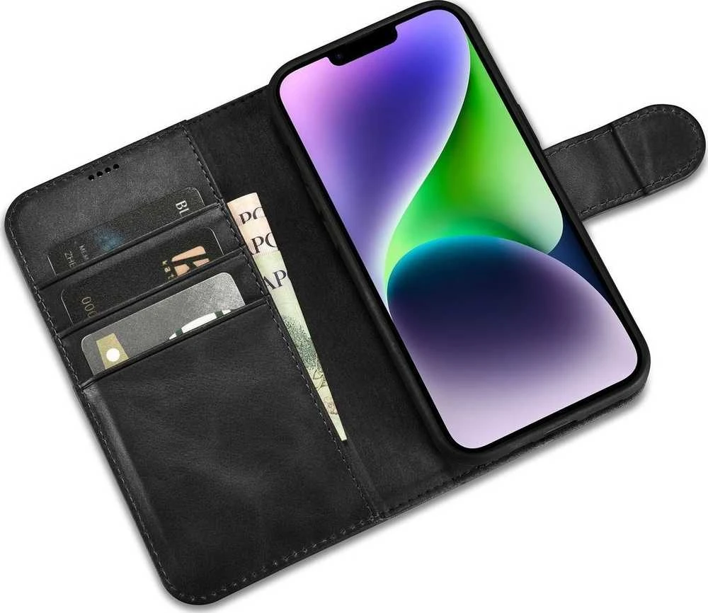 iCarer Oil Wax Wallet 2in1 Apple iPhone 14 Plus Anti-RFID Leather atverčiamas dėklas telefonui juodos spalvos (WMI14220723-BK)