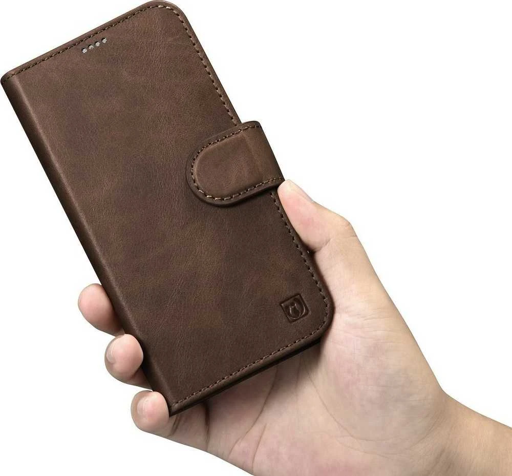 iCarer Oil Wax Wallet 2in1 Apple iPhone 14 Plus Anti-RFID Leather atverčiamas dėklas telefonui rudos spalvos (WMI14220723-BN)