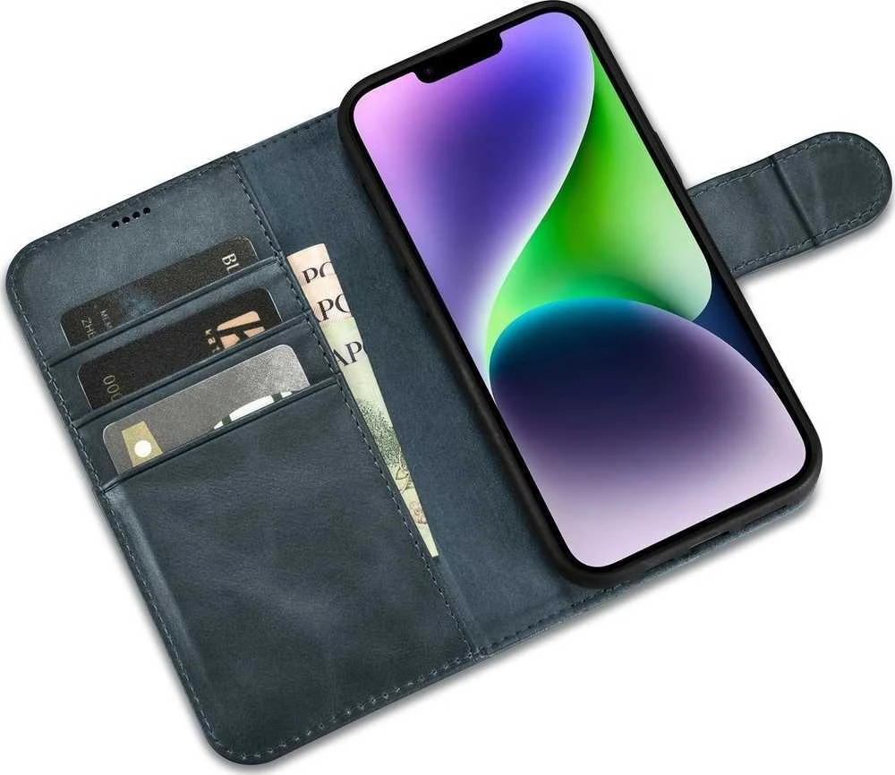 iCarer Oil Wax Wallet 2in1 Apple iPhone 14 Plus Anti-RFID Leather atverčiamas dėklas telefonui mėlynos spalvos (WMI14220723-BU)