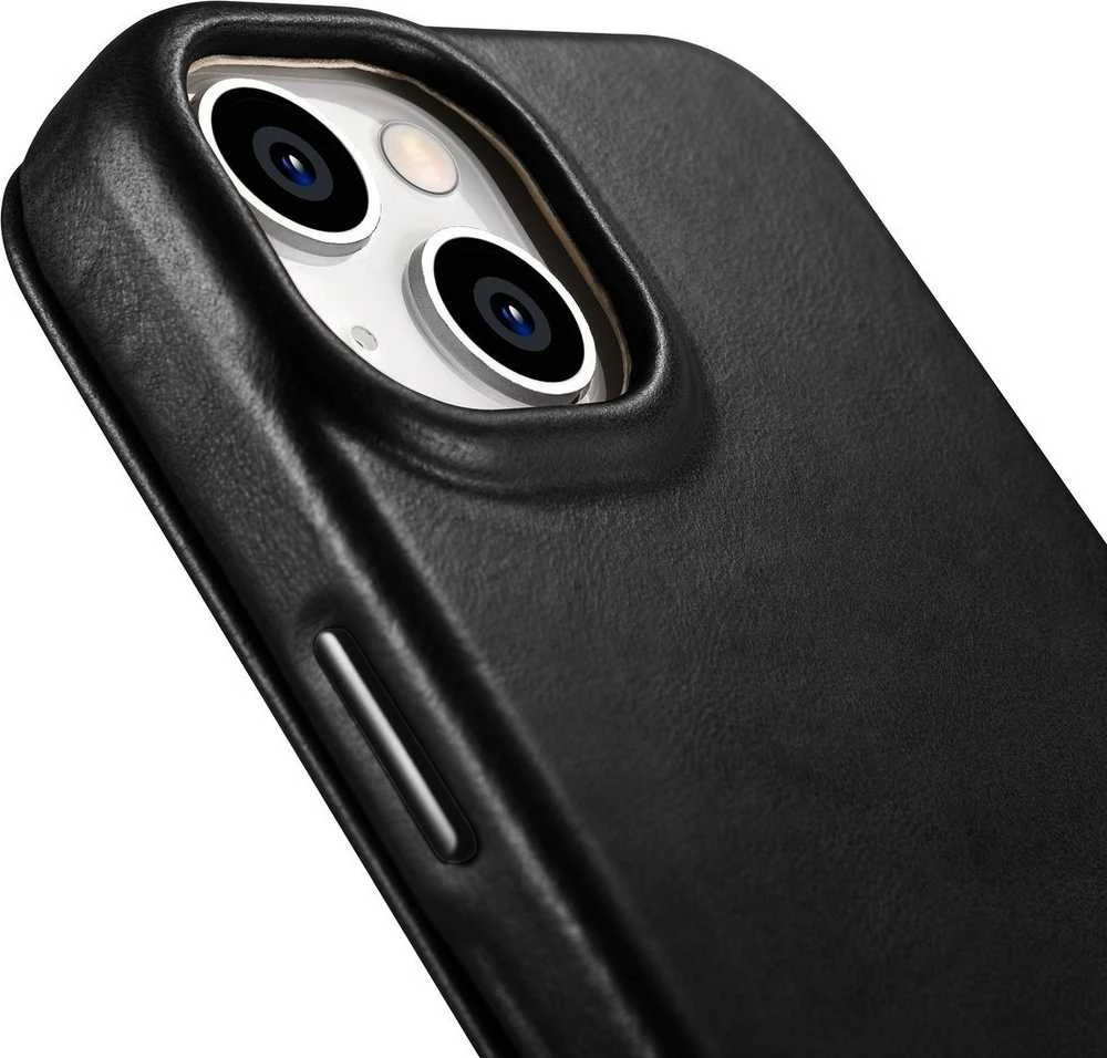 iCarer CE Oil Wax Premium Leather Leather Apple iPhone 14 Plus Magnetic atverčiamas MagSafe dėklas telefonui juodos spalvos (AKI14220707-BK)