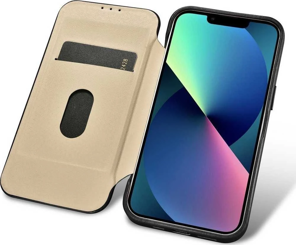 iCarer CE Oil Wax Premium Leather Leather Apple iPhone 14 Plus Magnetic atverčiamas MagSafe dėklas telefonui juodos spalvos (AKI14220707-BK)