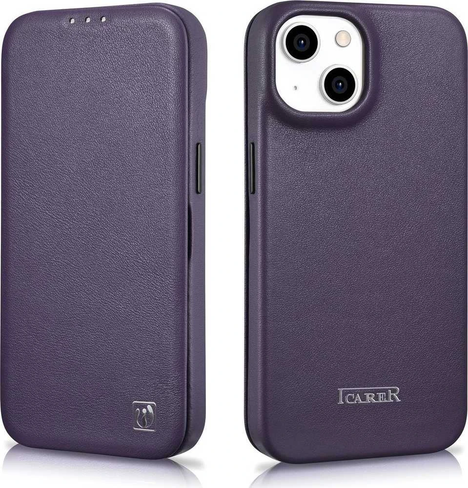 iCarer CE Premium Leather Apple iPhone 14 Plus Magnetic atverčiamas Leather MagSafe Dark dėklas telefonui violetinės spalvos (WMI14220715-DP)
