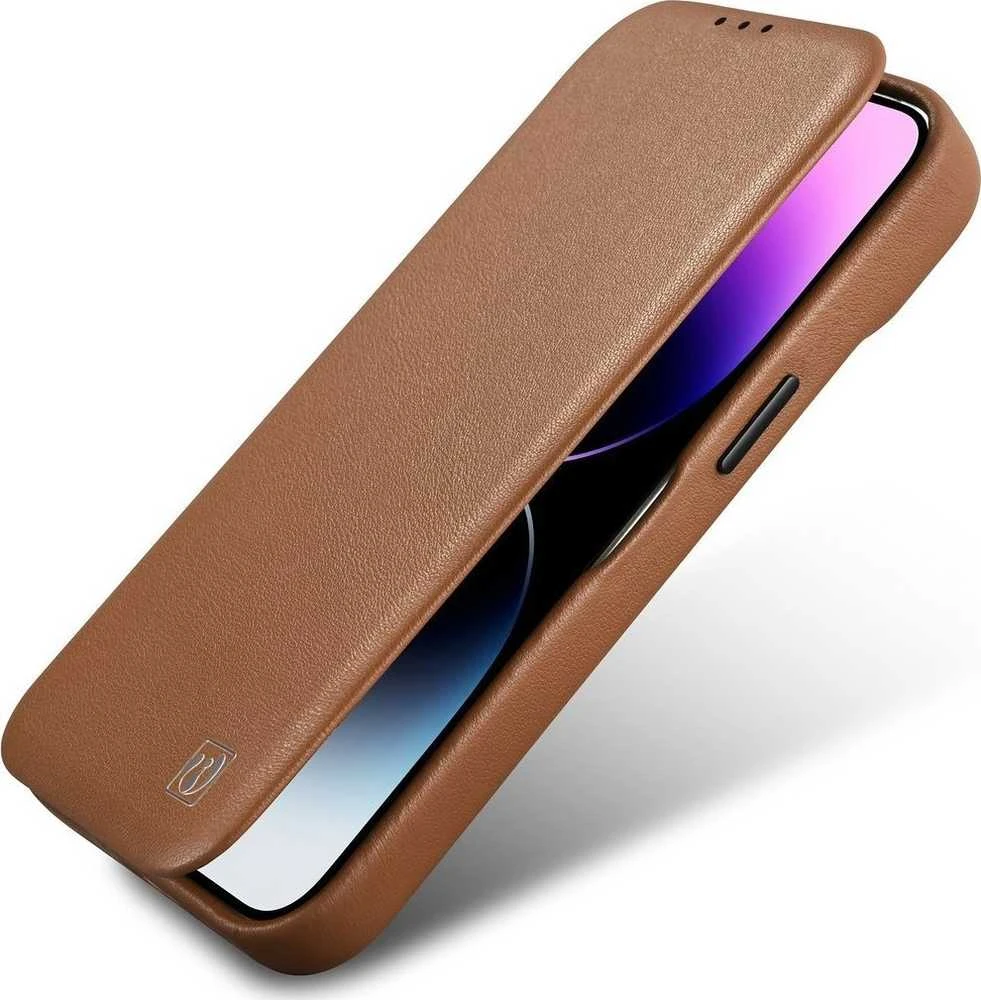 iCarer CE Premium Leather Apple iPhone 14 Plus Magnetic atverčiamas Leather MagSafe dėklas telefonui rudos spalvos (WMI14220715-BN)