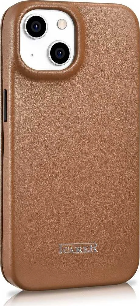 iCarer CE Premium Leather Apple iPhone 14 Plus Magnetic atverčiamas Leather MagSafe dėklas telefonui rudos spalvos (WMI14220715-BN)