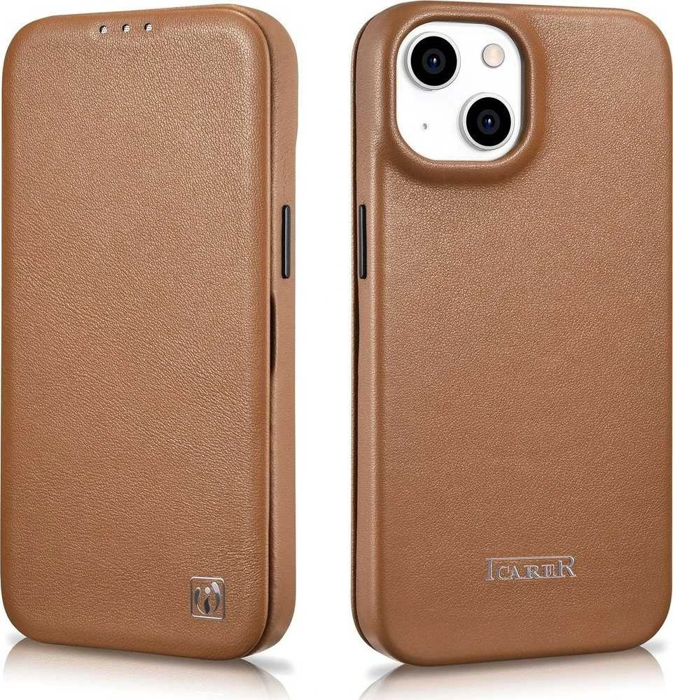 iCarer CE Premium Leather Apple iPhone 14 Plus Magnetic atverčiamas Leather MagSafe dėklas telefonui rudos spalvos (WMI14220715-BN)