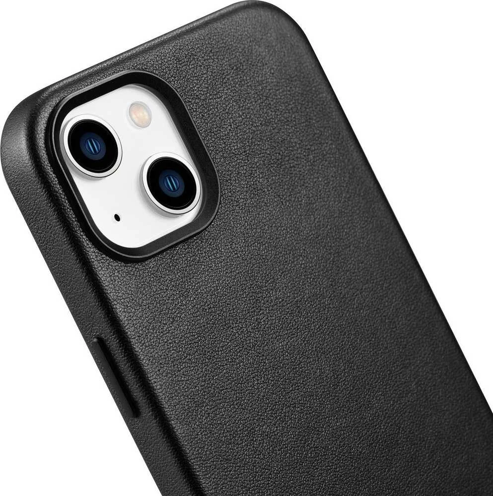 iCarer Leather Apple iPhone 14 Plus genuine leather dėklas telefonui juodos spalvos (compatible with MagSafe)