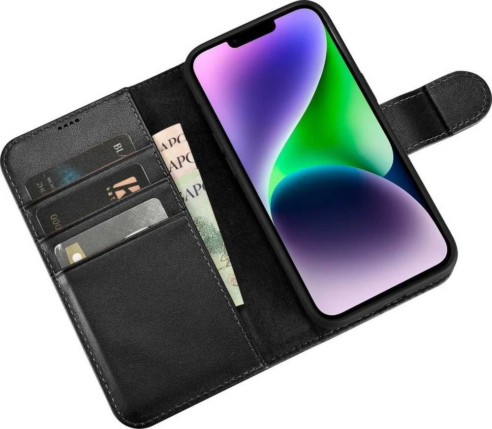 iCarer Wallet 2in1 Apple iPhone 14 Plus Anti-RFID Leather atverčiamas dėklas telefonui juodos spalvos (WMI14220727-BK)