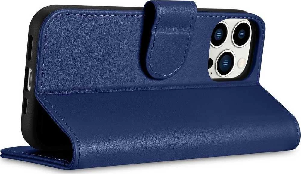 iCarer Wallet 2in1 Apple iPhone 14 Pro Leather atverčiamas Anti-RFID dėklas telefonui mėlynos spalvos (WMI14220726-BU)