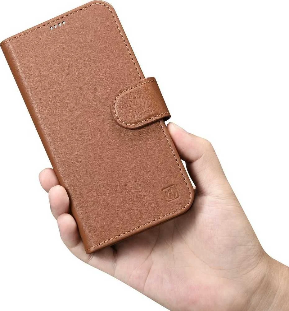 iCarer Wallet 2in1 Apple iPhone 14 Pro Leather atverčiamas Anti-RFID dėklas telefonui rudos spalvos (WMI14220726-BN)