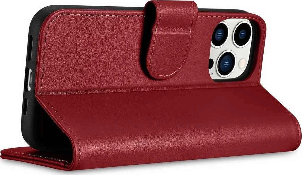 iCarer Wallet 2in1 Apple iPhone 14 Pro Max Leather atverčiamas Anti-RFID dėklas telefonui raudonos spalvos (WMI14220728-RD)
