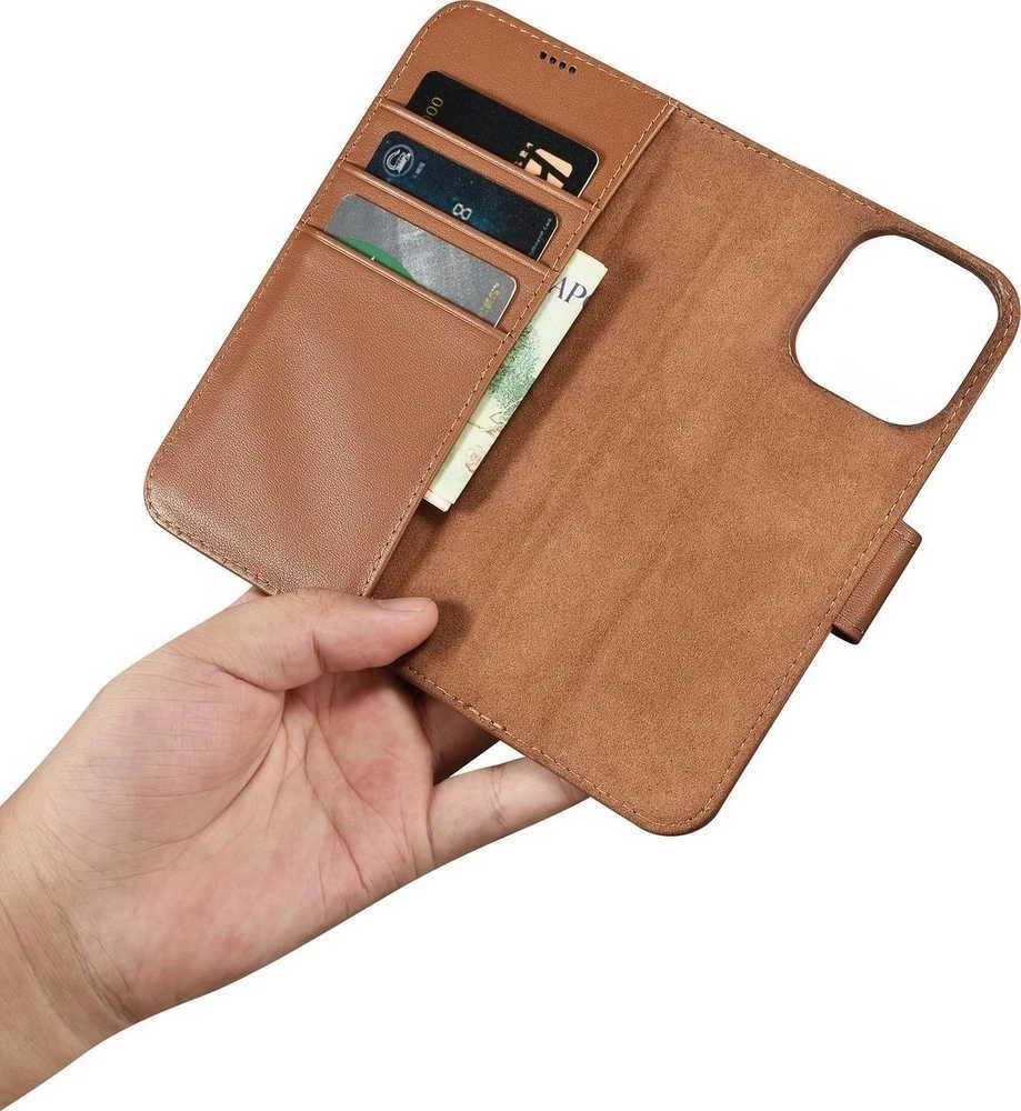 iCarer Wallet 2in1 Apple iPhone 14 Pro Leather atverčiamas Anti-RFID dėklas telefonui rudos spalvos (WMI14220726-BN)