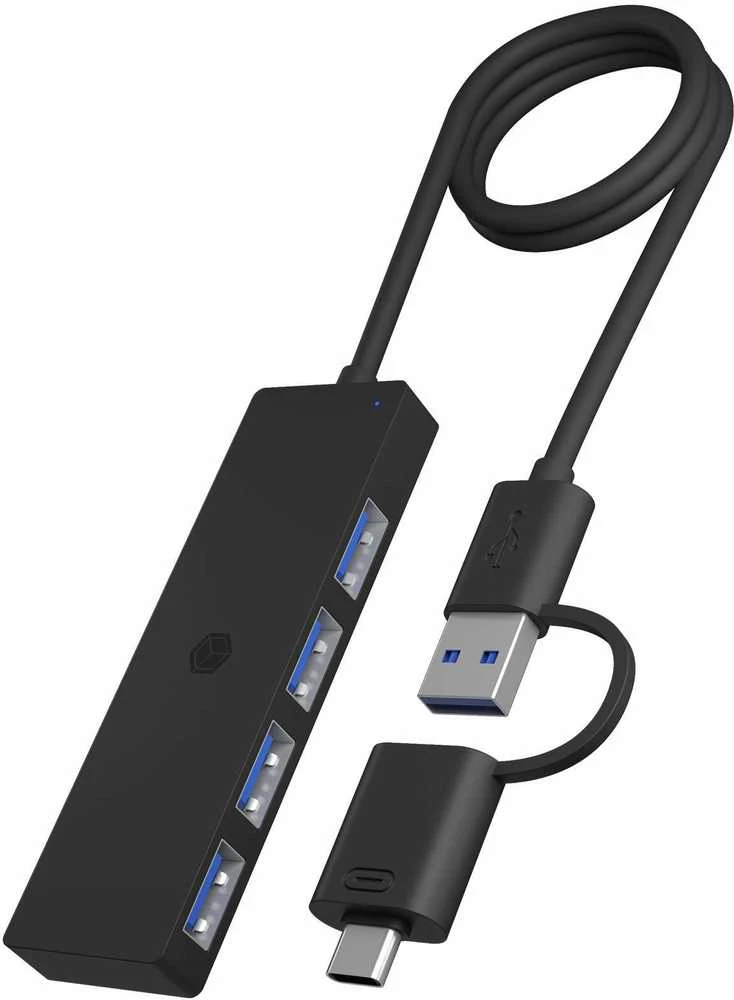 Juodas 4 prievadų USB 3.2 šakotuvas su kombinuota jungtimi