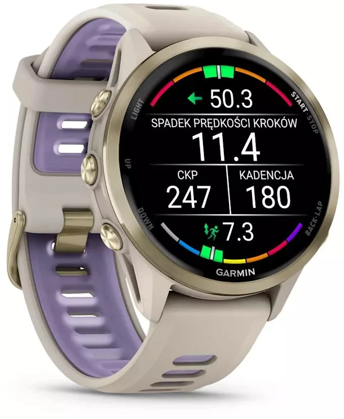 Išmanusis laikrodis Garmin Forerunner 970, Šviesios aukso spalvos titanas su žalsvai pilkos spalvos korpusu ir žalsvai pilku / permatomu indigo spalvos dirželiu