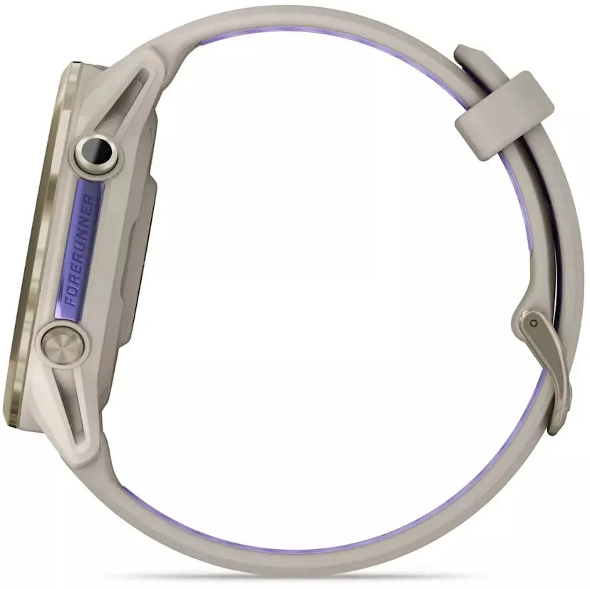 Išmanusis laikrodis Garmin Forerunner 970, Šviesios aukso spalvos titanas su žalsvai pilkos spalvos korpusu ir žalsvai pilku / permatomu indigo spalvos dirželiu