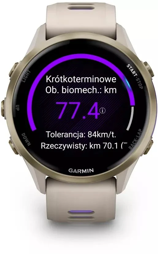 Išmanusis laikrodis Garmin Forerunner 970, Šviesios aukso spalvos titanas su žalsvai pilkos spalvos korpusu ir žalsvai pilku / permatomu indigo spalvos dirželiu