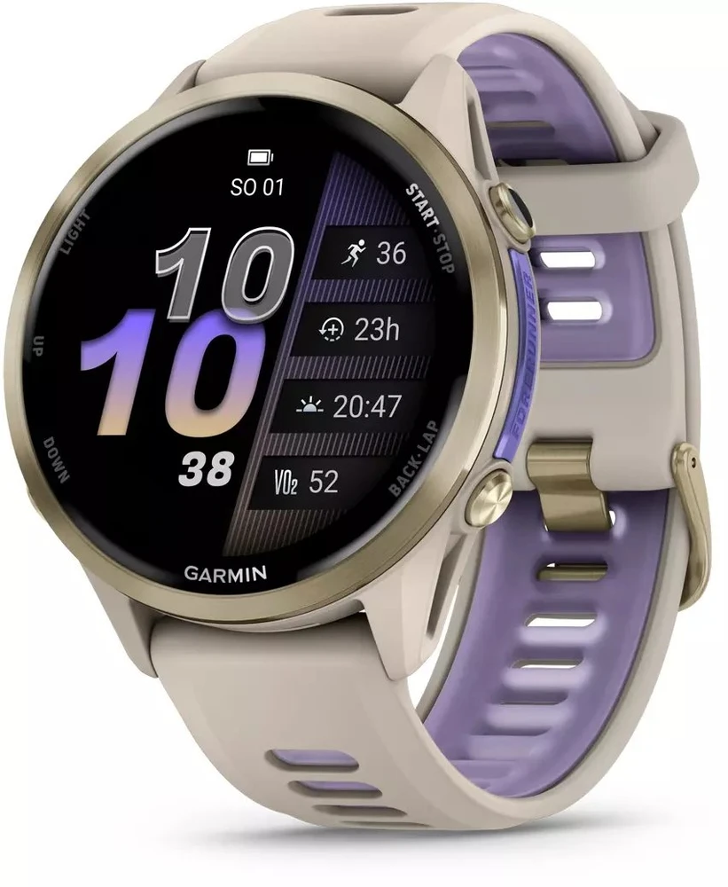 Išmanusis laikrodis Garmin Forerunner 970, Šviesios aukso spalvos titanas su žalsvai pilkos spalvos korpusu ir žalsvai pilku / permatomu indigo spalvos dirželiu