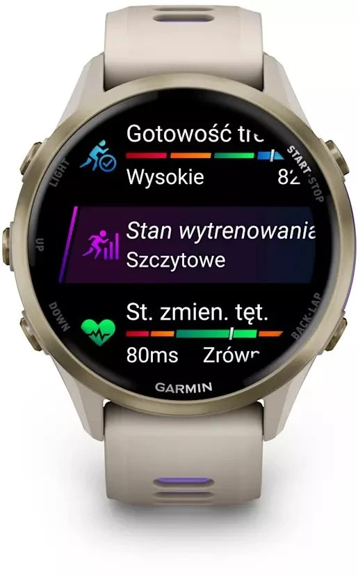 Išmanusis laikrodis Garmin Forerunner 970, Šviesios aukso spalvos titanas su žalsvai pilkos spalvos korpusu ir žalsvai pilku / permatomu indigo spalvos dirželiu