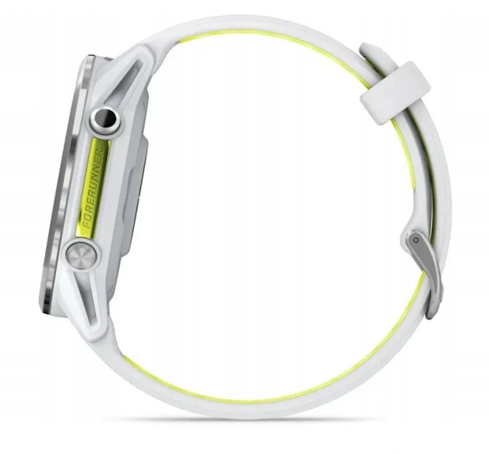Išmanusis laikrodis Garmin Forerunner 970, su titano ir baltojo akmens korpusu bei baltojo akmens / permatomu ryškiai geltonu dirželiu