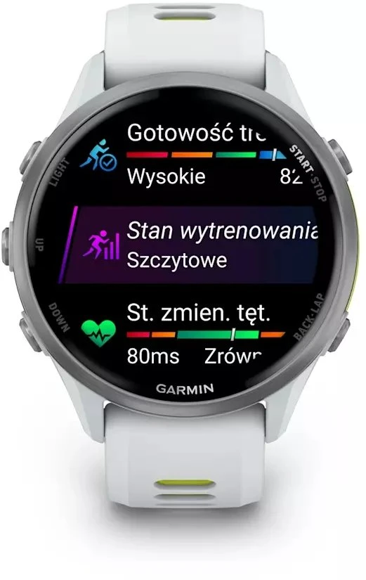 Išmanusis laikrodis Garmin Forerunner 970, su titano ir baltojo akmens korpusu bei baltojo akmens / permatomu ryškiai geltonu dirželiu