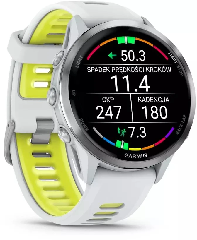 Išmanusis laikrodis Garmin Forerunner 970, su titano ir baltojo akmens korpusu bei baltojo akmens / permatomu ryškiai geltonu dirželiu