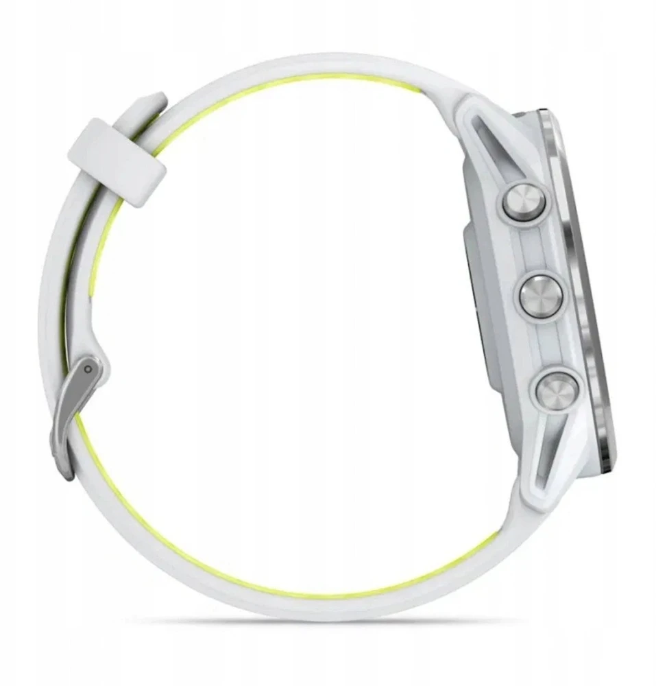 Išmanusis laikrodis Garmin Forerunner 970, su titano ir baltojo akmens korpusu bei baltojo akmens / permatomu ryškiai geltonu dirželiu