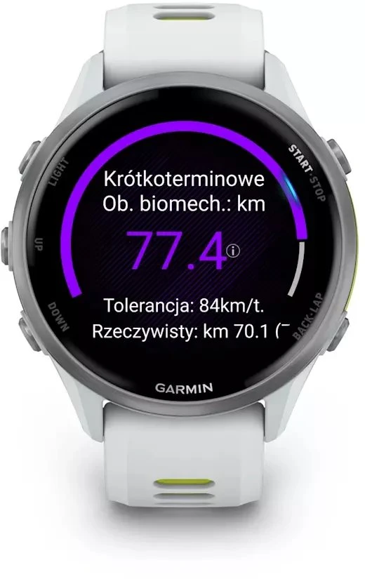 Išmanusis laikrodis Garmin Forerunner 970, su titano ir baltojo akmens korpusu bei baltojo akmens / permatomu ryškiai geltonu dirželiu