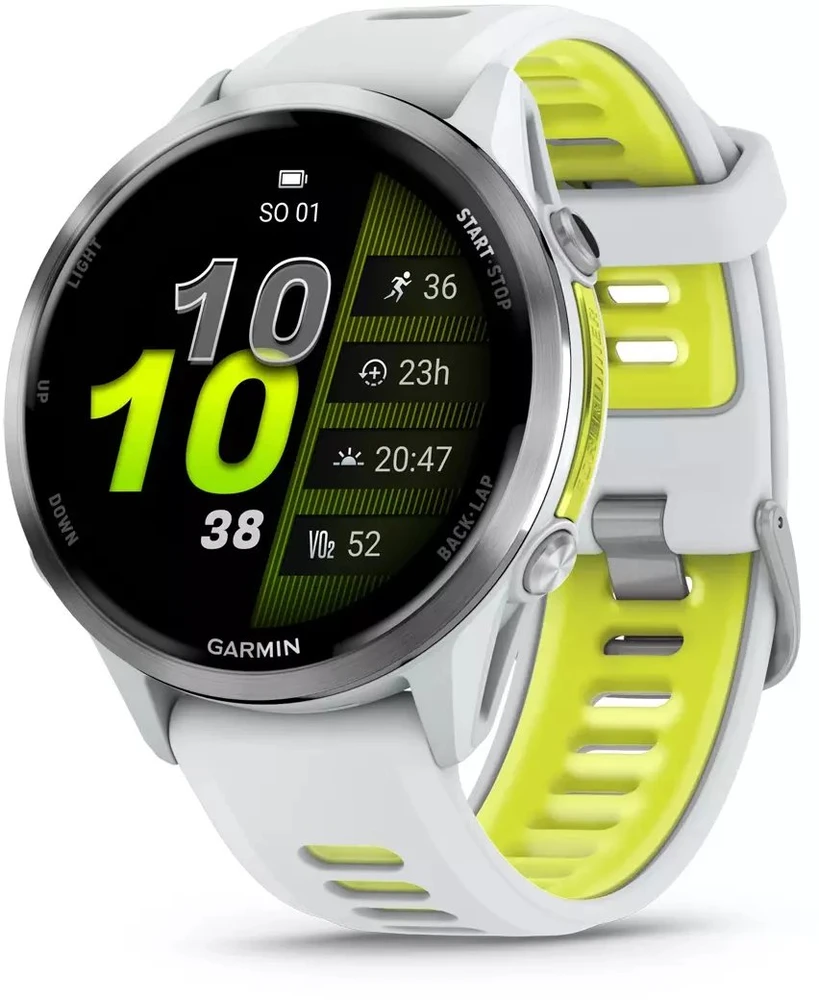 Išmanusis laikrodis Garmin Forerunner 970, su titano ir baltojo akmens korpusu bei baltojo akmens / permatomu ryškiai geltonu dirželiu