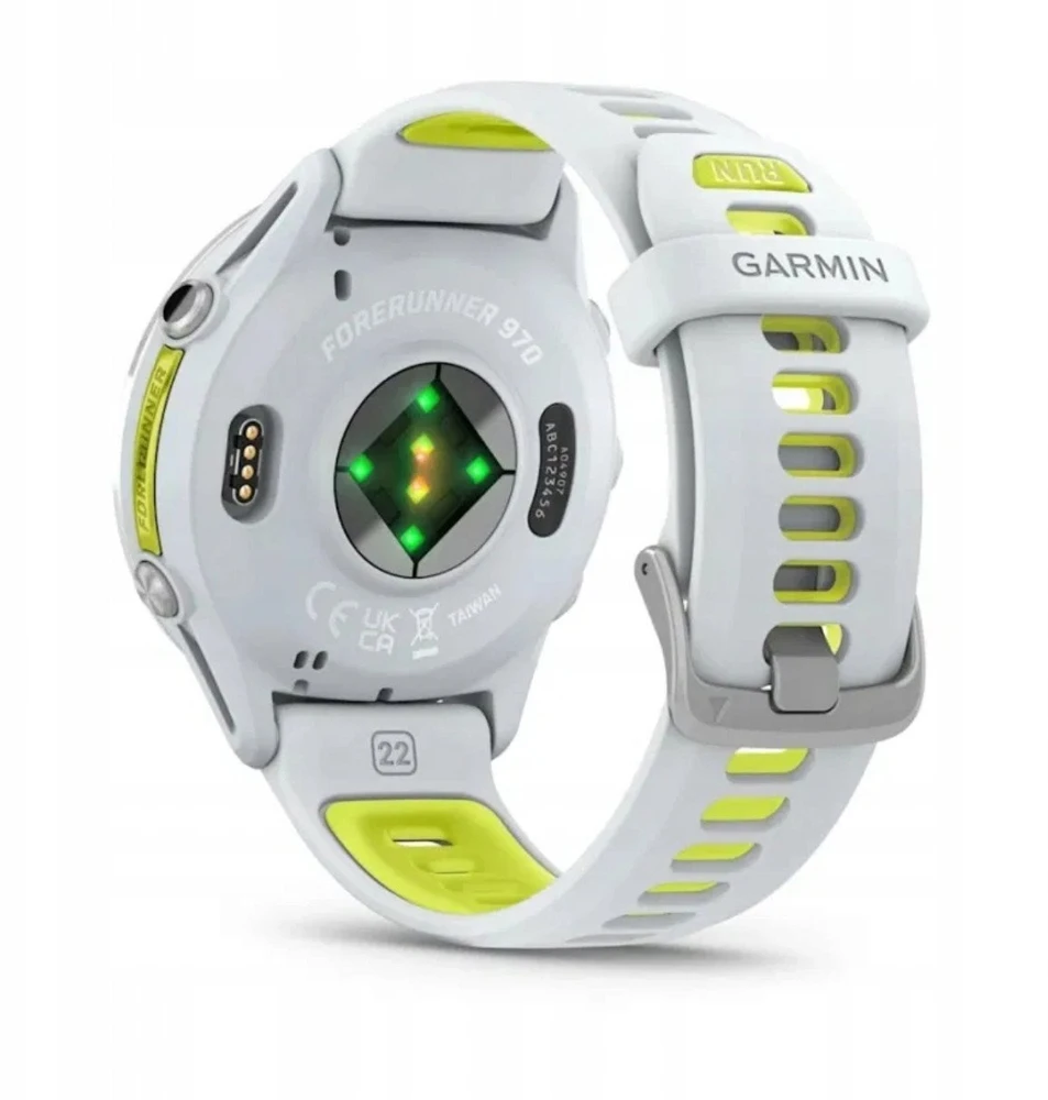 Išmanusis laikrodis Garmin Forerunner 970, su titano ir baltojo akmens korpusu bei baltojo akmens / permatomu ryškiai geltonu dirželiu