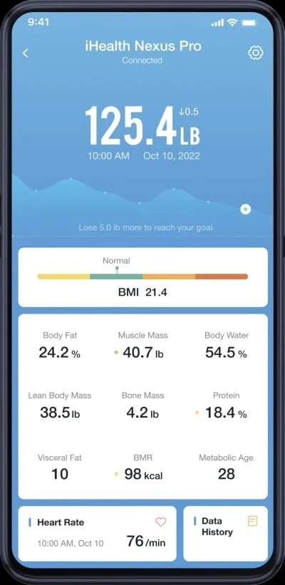 iHealth | Belaidės kūno sudėties svarstyklės | Nexus Pro | Maksimalus svoris (keliamoji galia) 181 kg | Kūno masės indekso (KMI) matavimas | Juodas