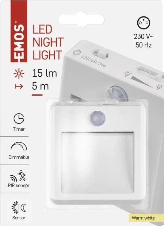 Įkišamas šviestuvas lizdui Emos P3319 įkišamas šviestuvas lizdui kvadratinis su judesio jutikliu 1x0,5W LED 3000K balta
