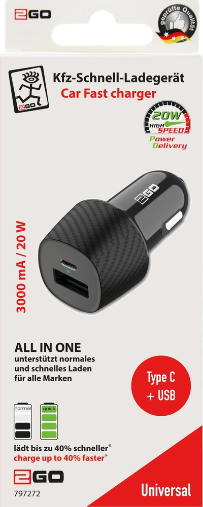 Įkroviklis 2GO 2GO KFZ-Ladegerät 20W 1xUSB-C 1xUSB-A juodas