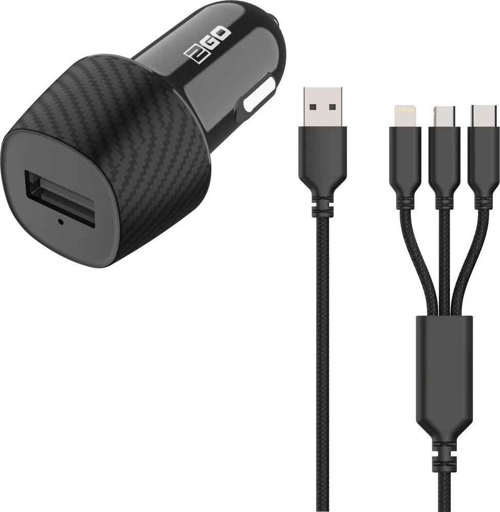 Įkroviklis 2GO 2GO automobilinis pakrovėjas 3000mA 3in1 Micro-USB, Lightning, USB-C sw