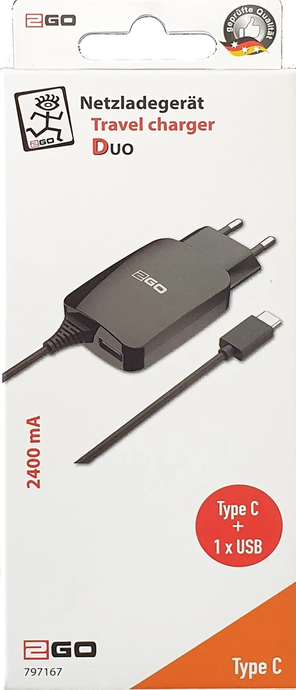 Įkroviklis 2GO 2GO Ladegerät 12W USB-C + 1-Port 1x USB-A Kabelis 1,4m juodas