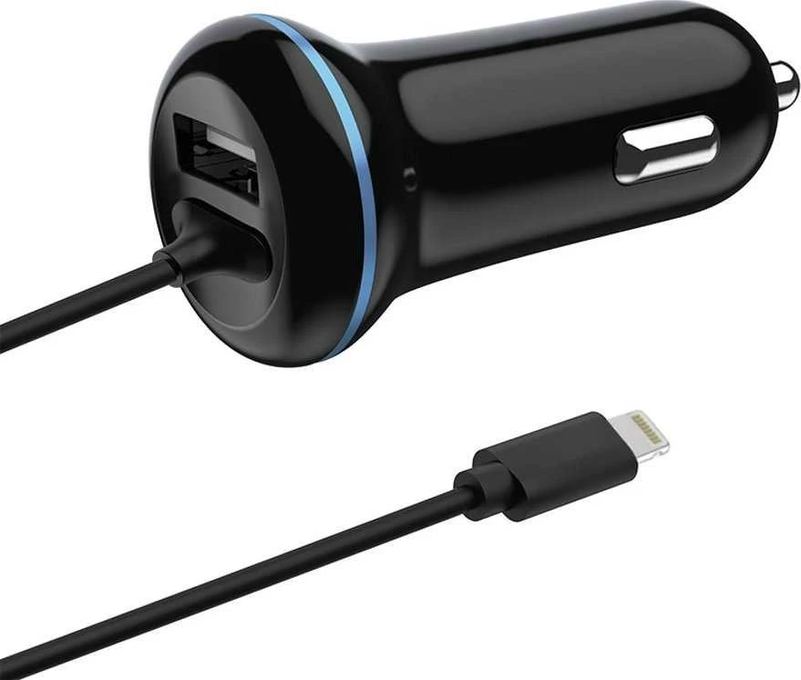 Įkroviklis 2GO USB-kroviklis samochodowa 2400mA Lightning + 1x USB 1,4m juoda