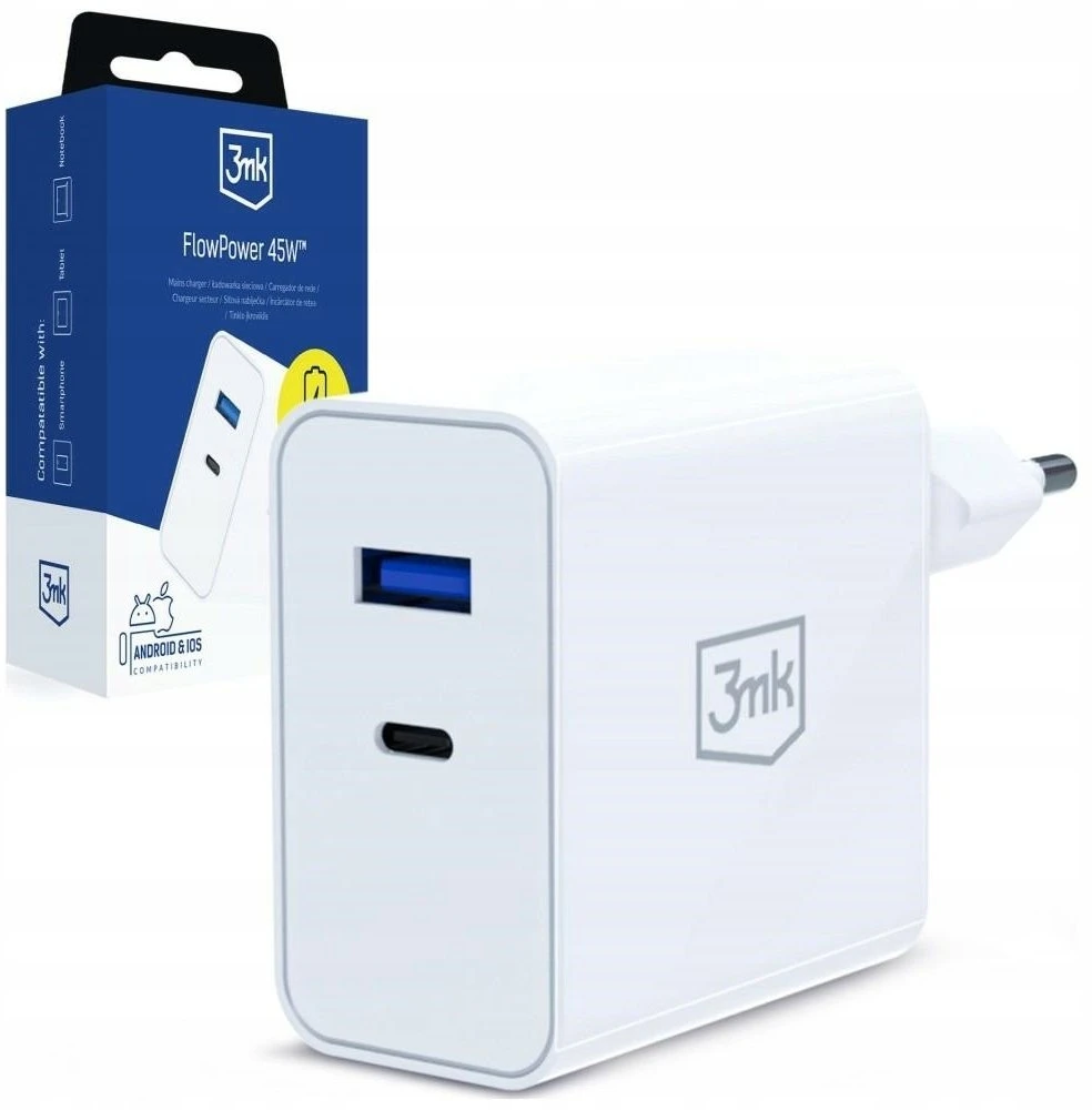 3Mk apsauga 3mk FlowPower 45W GaN PD PPS DCP QC4+ SuperVOOC AFC FCP SCP 1A1C Baltas