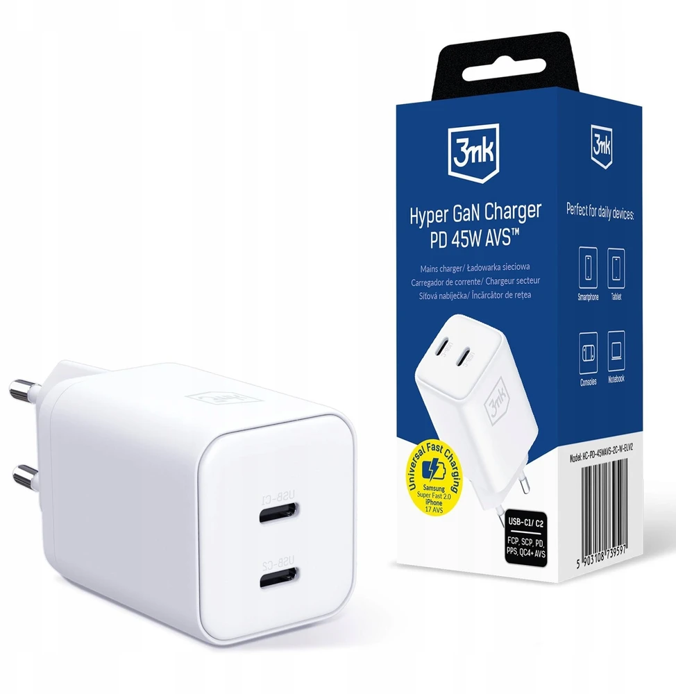 3mk Hyper Charger PD 45W GaN AVS QC4+ PPS AFC FCP DCP 2C Baltas