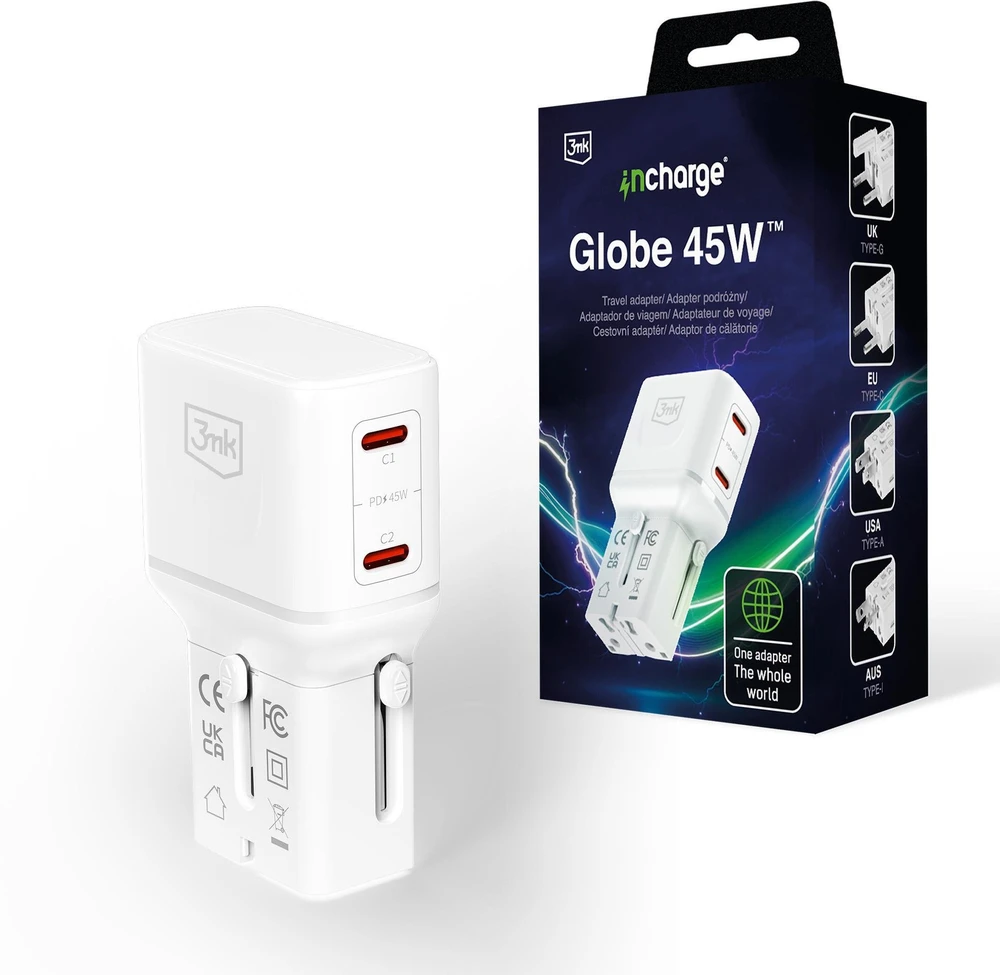 3mk incharge® Globe 45W™ 2C PD QC4+ PPS SCP AFCUS/EU/AUS/UK Baltas
